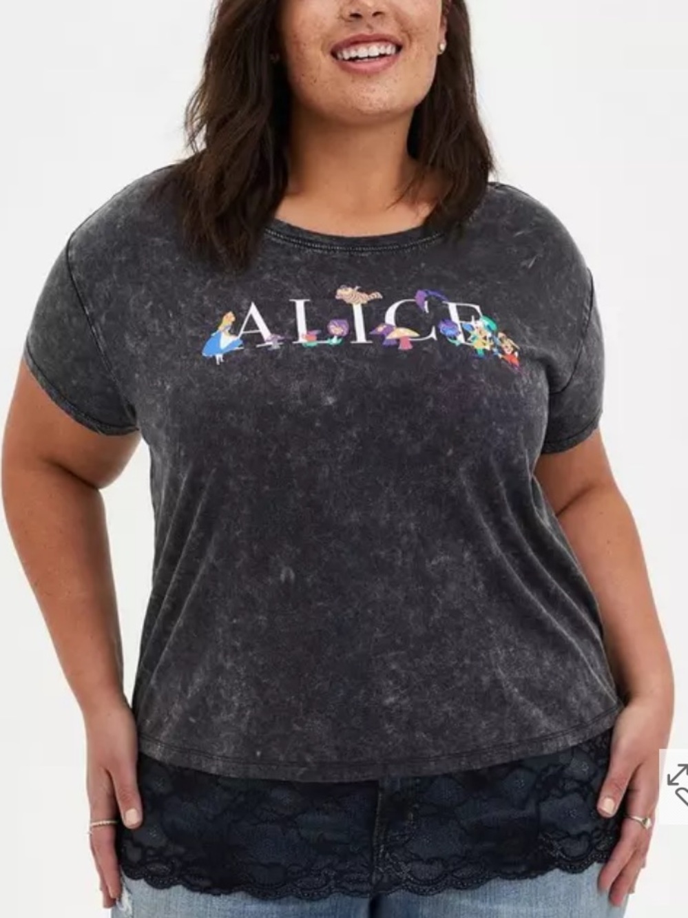 Torrid Her Universe Black Mineral-Wash ALICE Graphic Tee